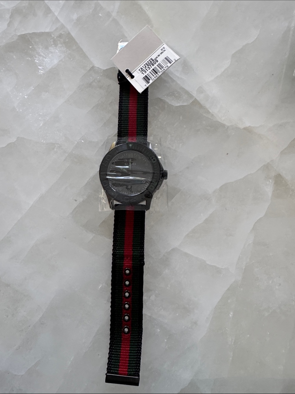 NIB Gucci Black Dial Watch with Green and Red Stripe Nylon Strap - Picture 3 of 7
